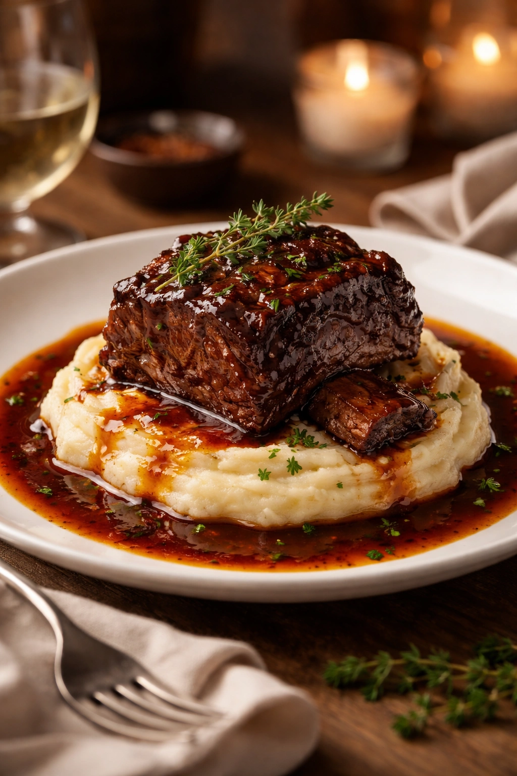 Single rib plated on mashed potatoes with glossy sauce on a white plate