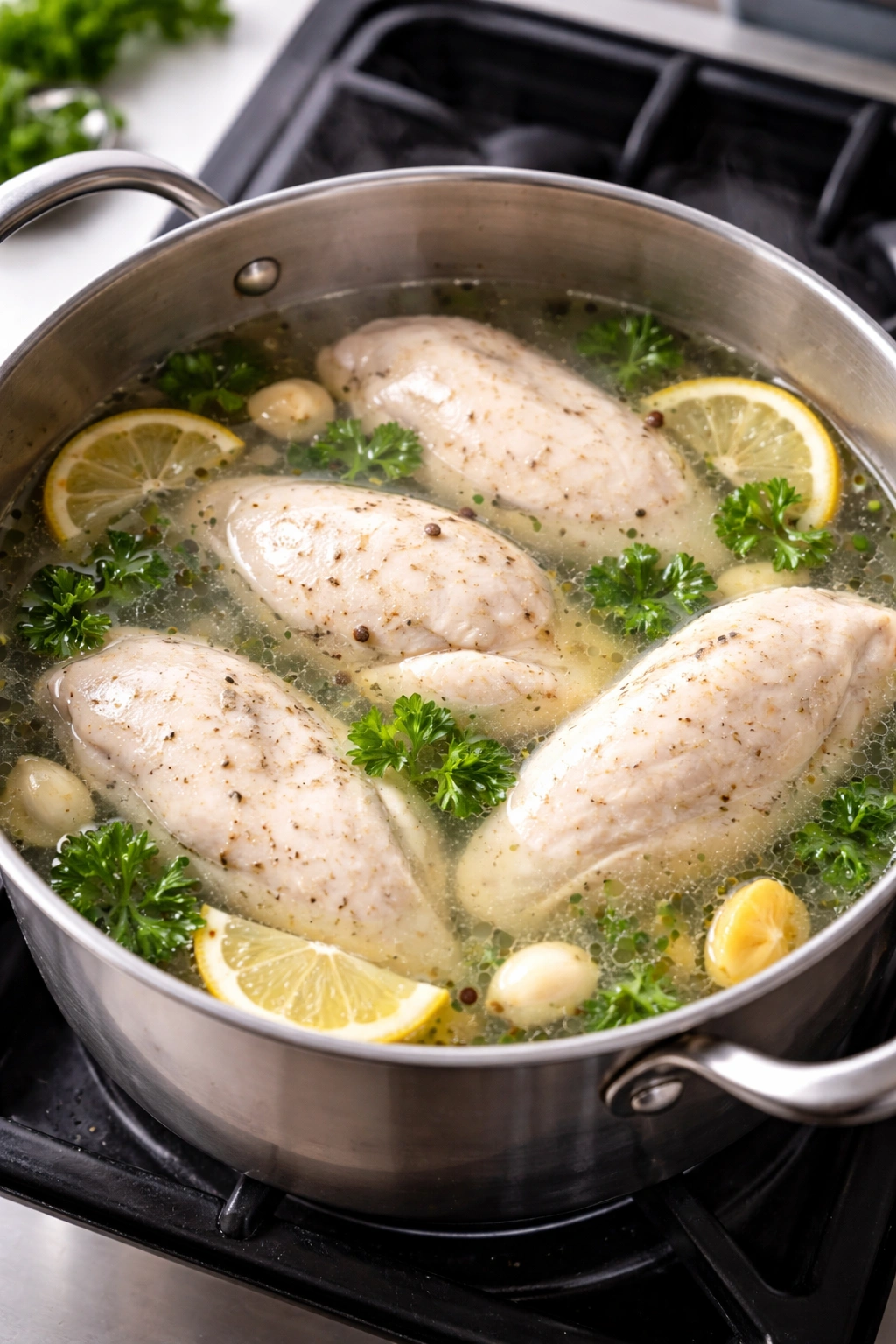 Pale poached chicken in clear broth