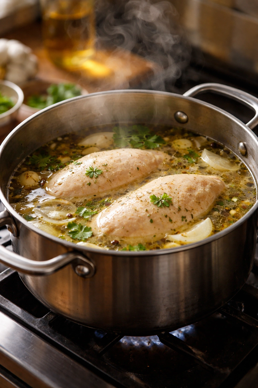 Chicken breasts poaching in gently simmering broth