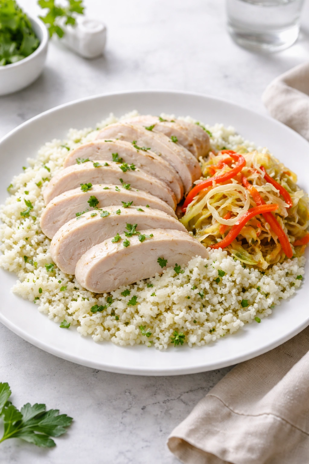 Poached chicken with cauliflower rice and fermented vegetables on a plate