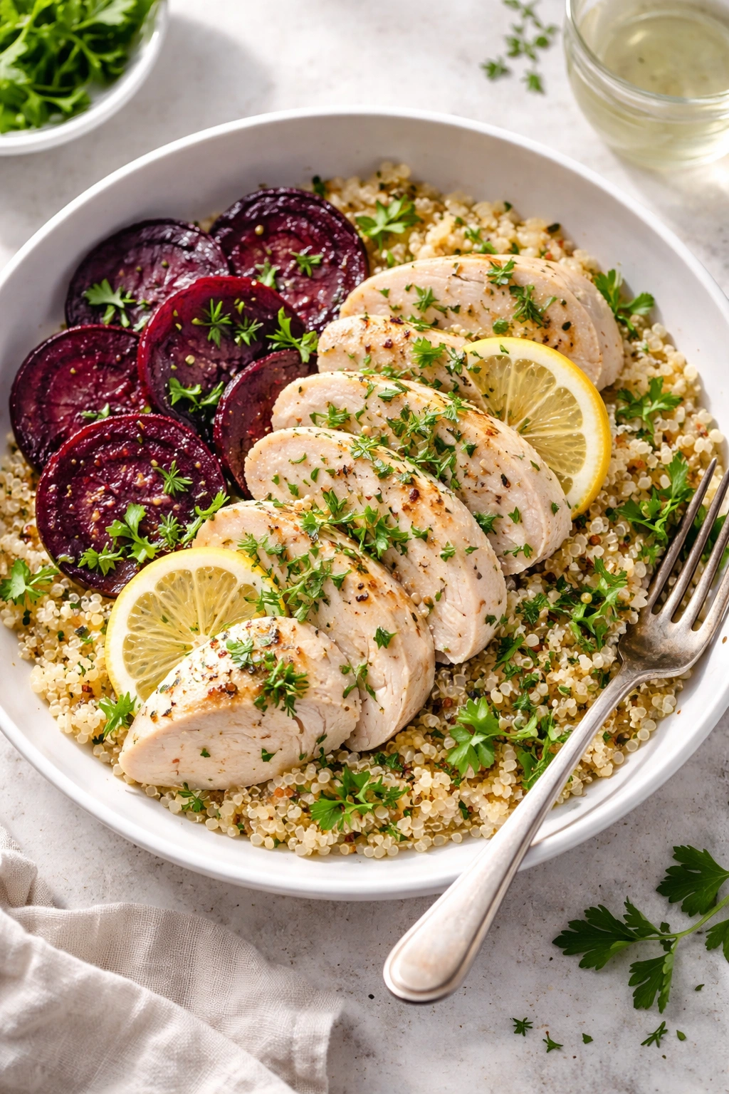 Poached chicken over quinoa with roasted beets on plate