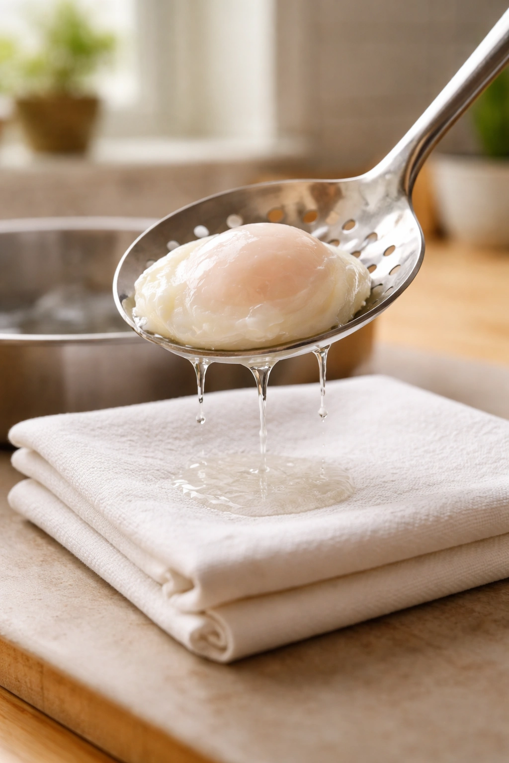 Poached egg draining on a slotted spoon onto a folded towel in a bright kitchen.