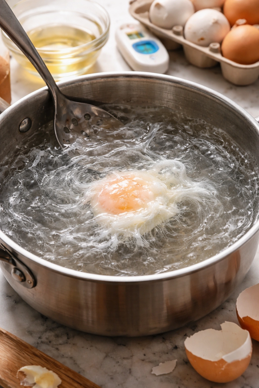 Imperfect poached egg with wispy whites in swirling water, illustrating common first-attempt mistakes.