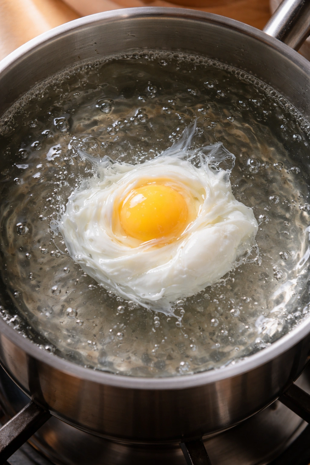 Close-up of a poached egg forming in gently simmering water