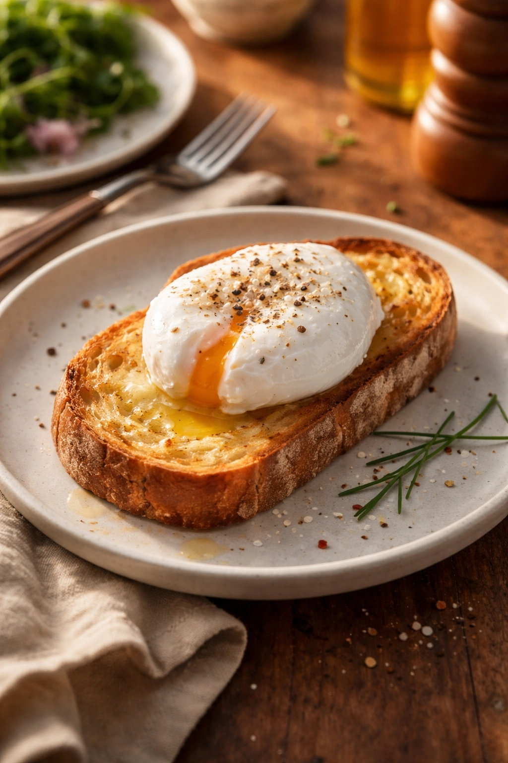 Poached egg on buttered toast with fleur de sel and pepper on a plate.