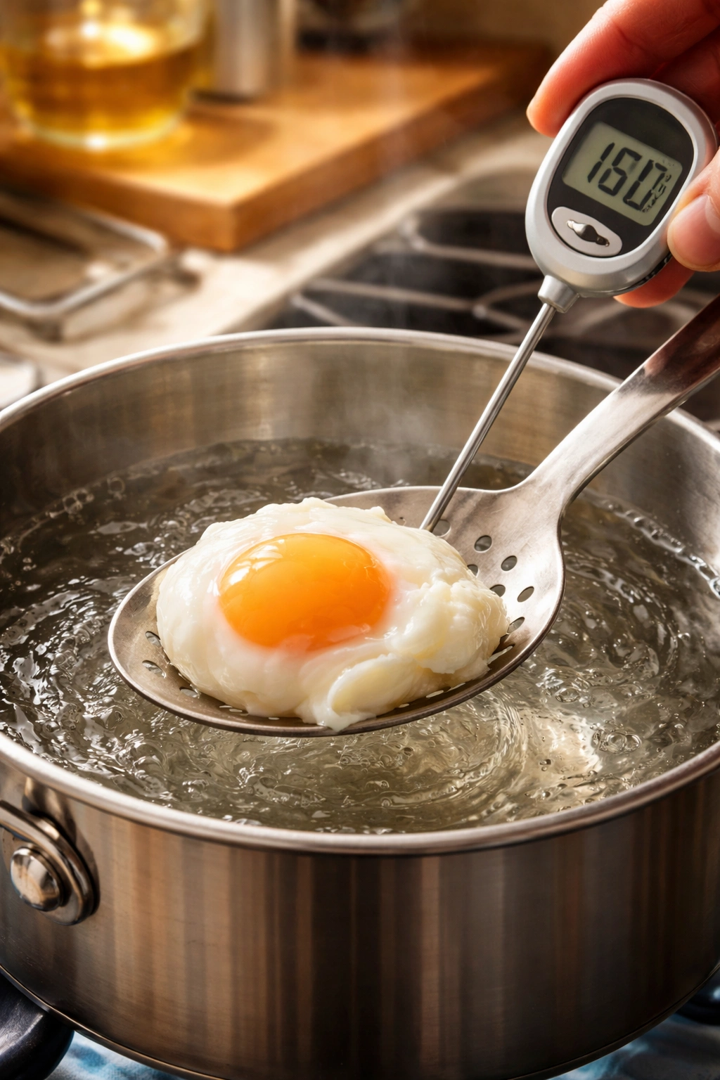 Thermometer in pot water with a poached egg being lifted, showing troubleshooting temperature and technique.