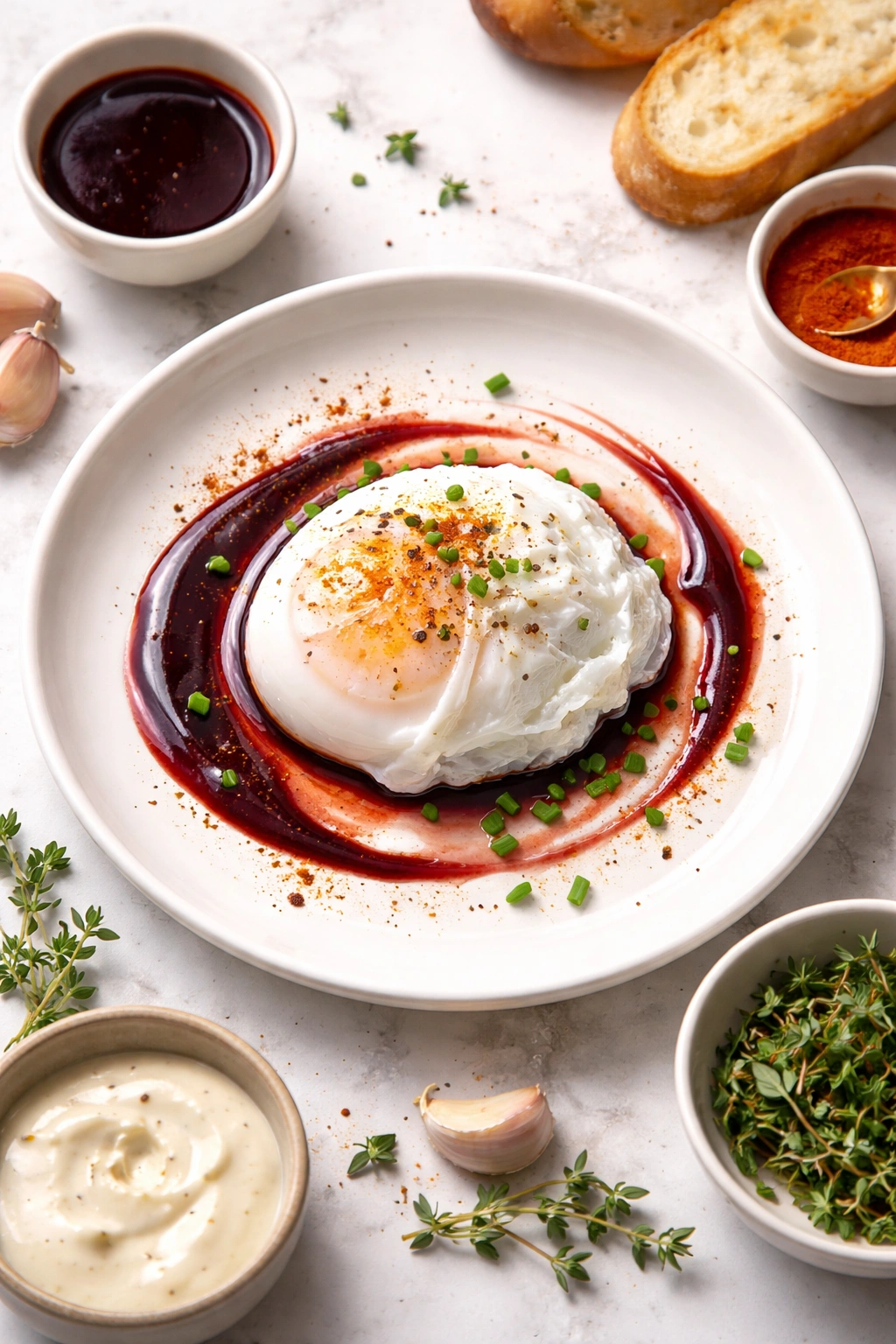 Poached egg with wine reduction swirl and paprika on a plate, showcasing flavor twists.