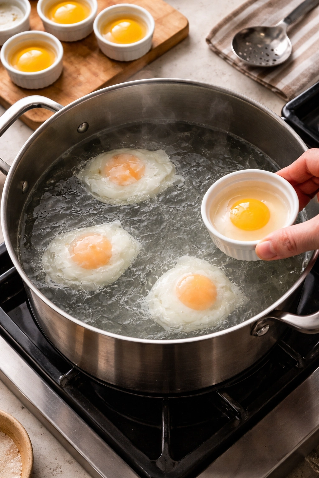 Four poached eggs in a single pot of simmering water, illustrating cooking multiple eggs at once.