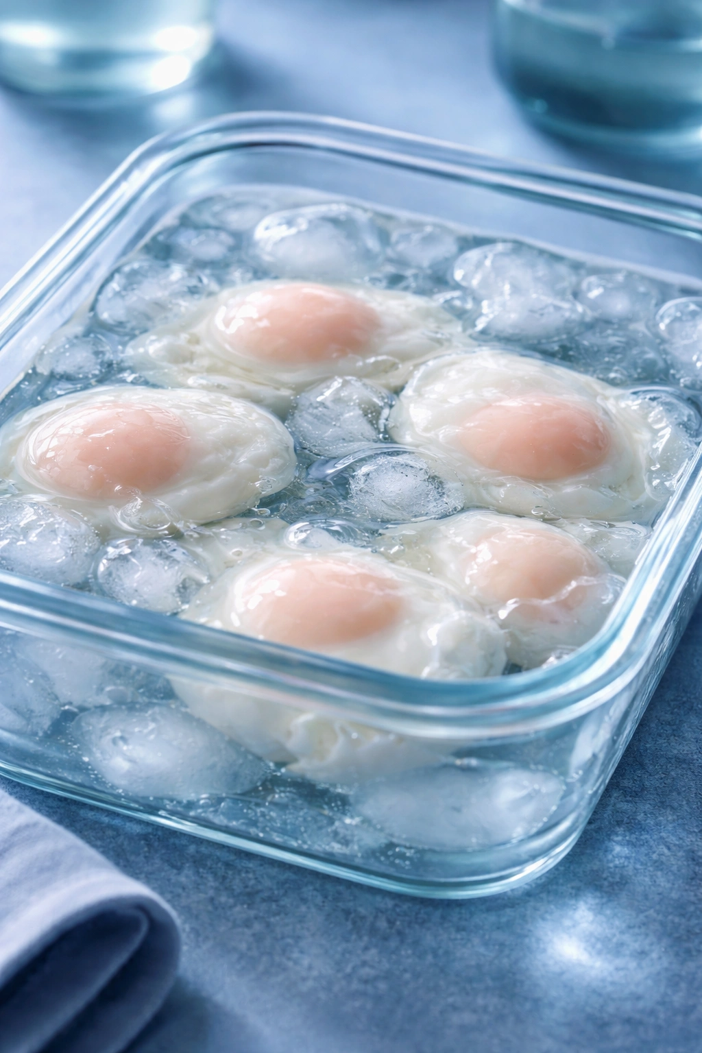 Poached egg in ice bath for make-ahead storage and reheating prep
