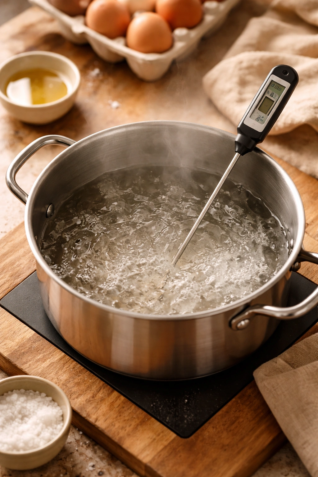 Water at a gentle simmer indicating target poaching temperature