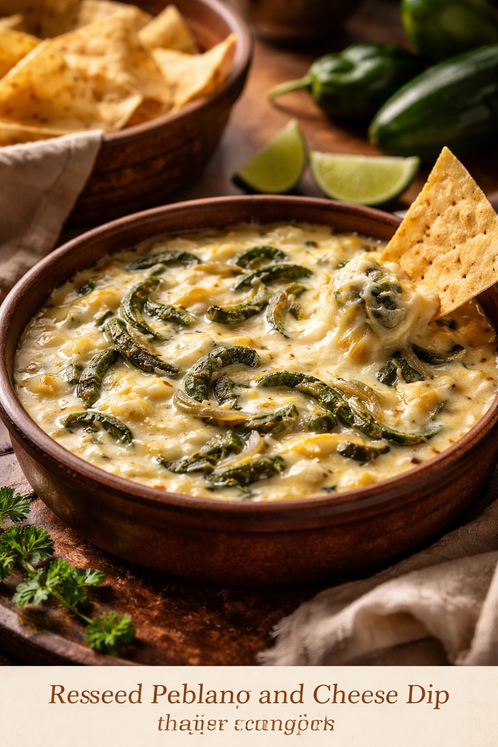 Creamy cheese dip with roasted poblano strips in a rustic dish.