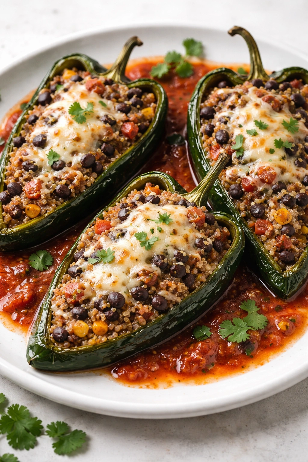 Stuffed poblano peppers with black bean quinoa filling on plate