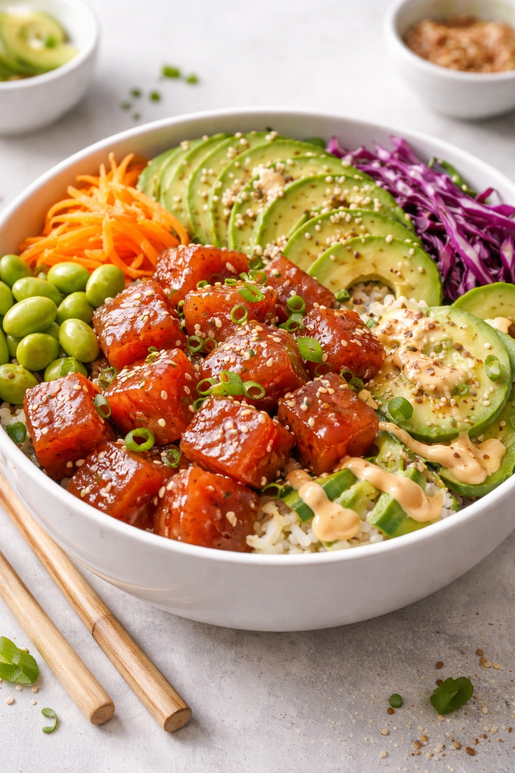 Poke bowl with balanced toppings and glossy fish