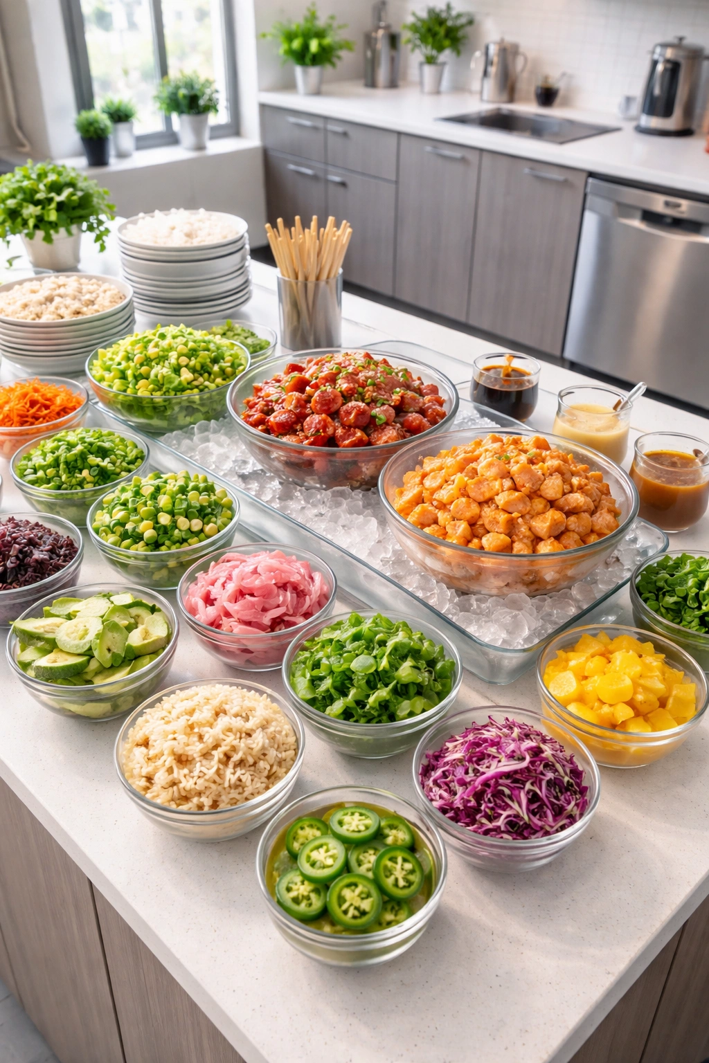 Office poke bowl station with rice, marinated fish on ice, prepped vegetables, and sauces.
