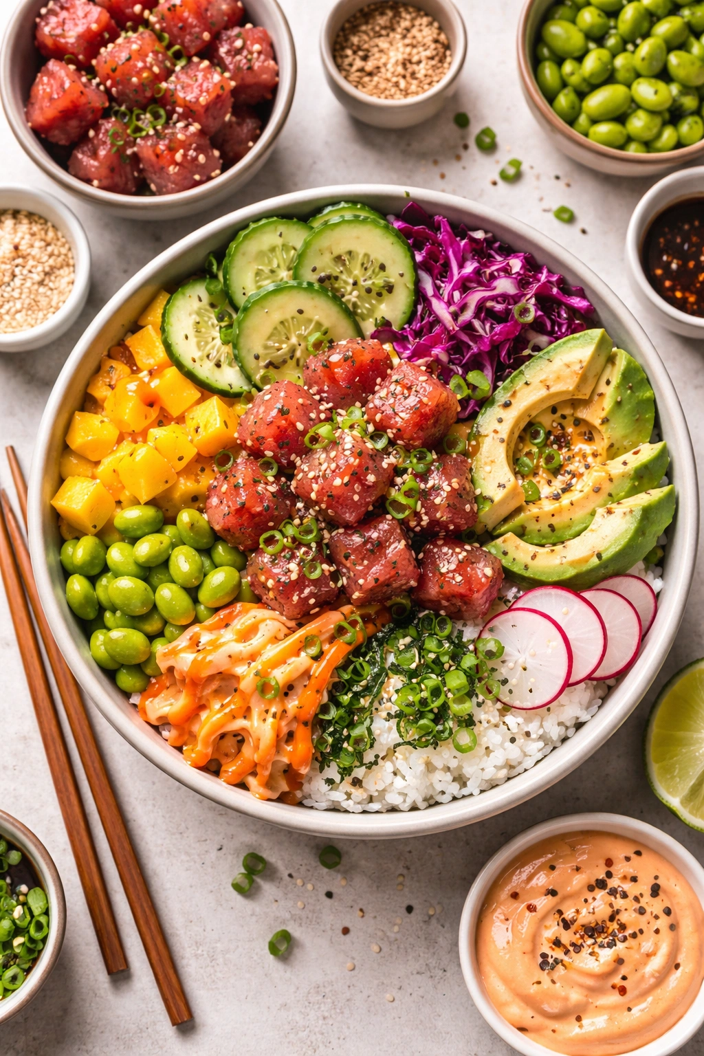 Poke bowl with customizable toppings arranged to show options.