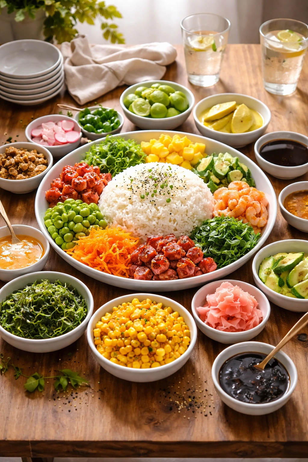 Poke bowl station at casual entertaining: centered rice mound surrounded by colorful toppings on a wooden table
