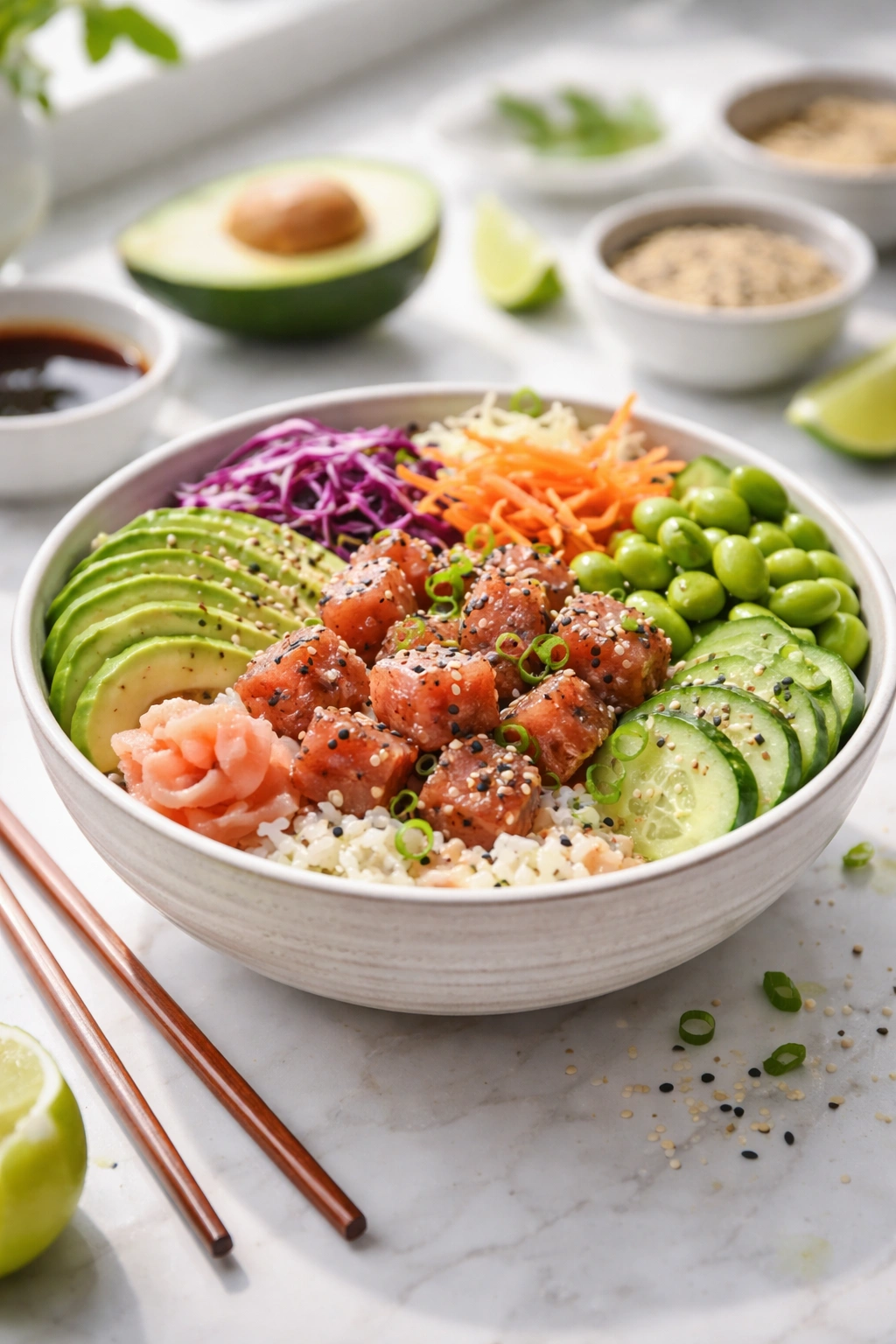 Close-up of a vibrant poke bowl with rice, protein, and vegetables on a clean countertop