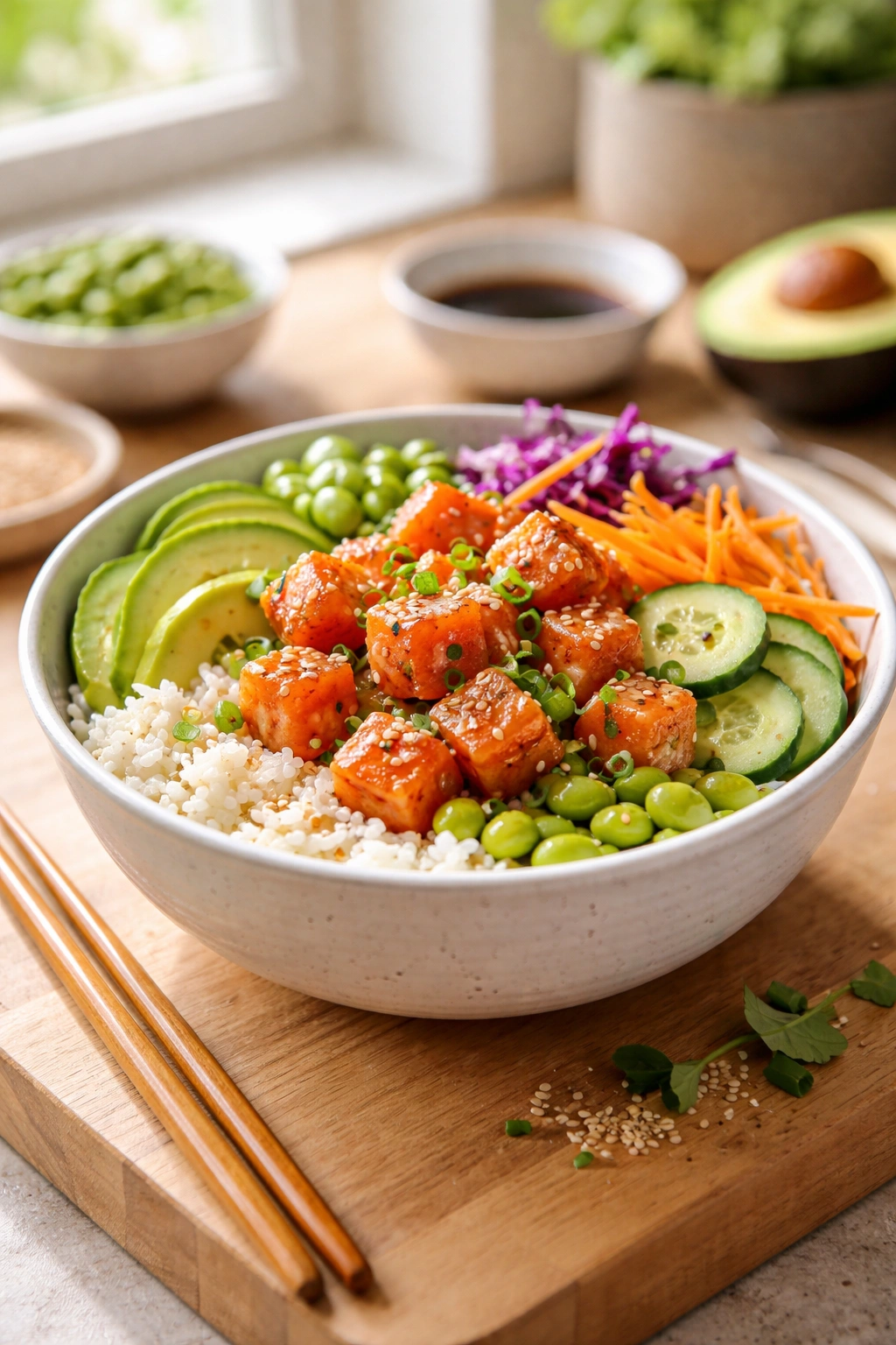Close-up of a vibrant poke bowl with rice, marinated fish, avocado and cucumber on a wooden surface