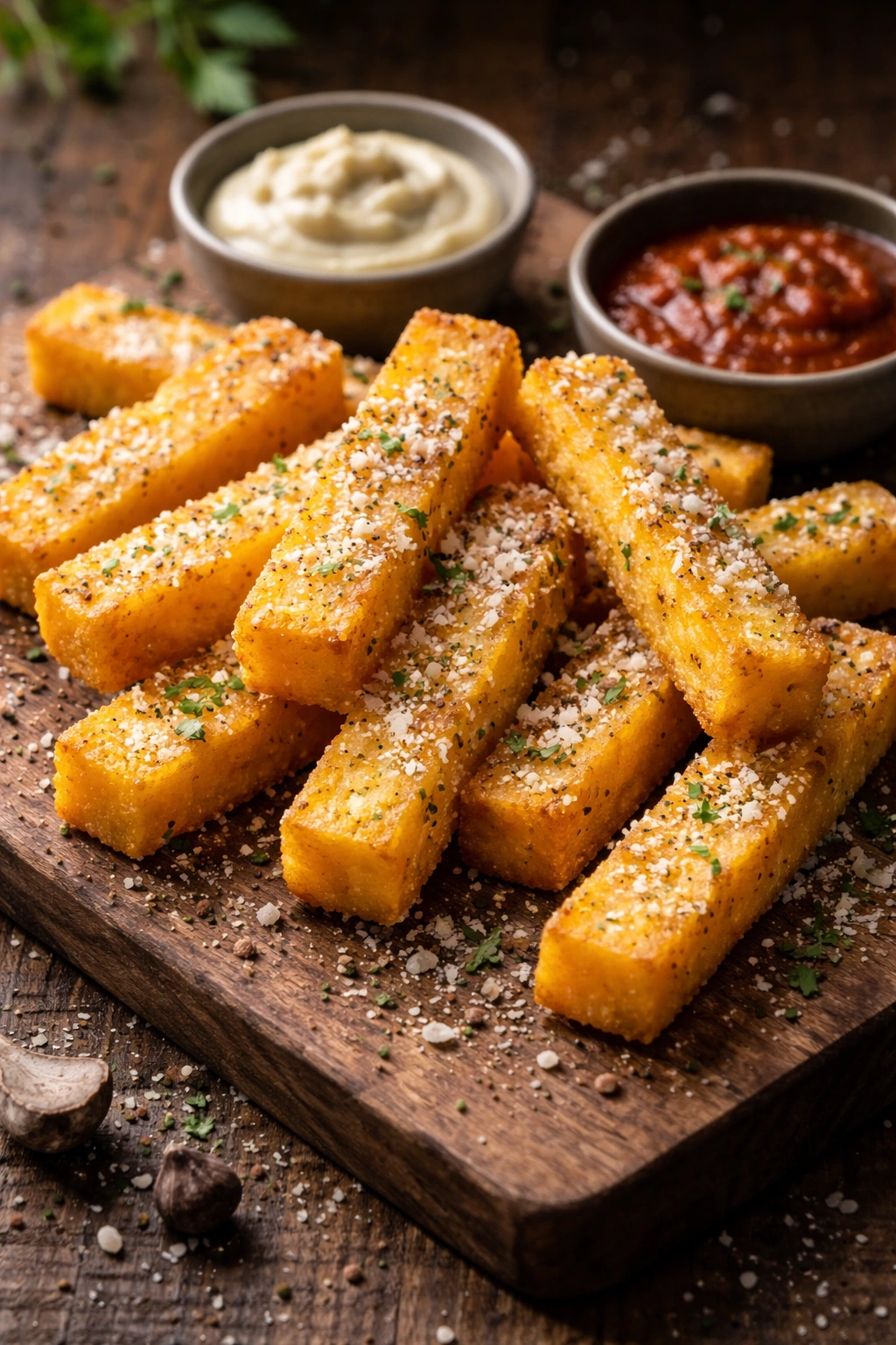 Crispy polenta fries with parmesan and truffle salt on a wooden board