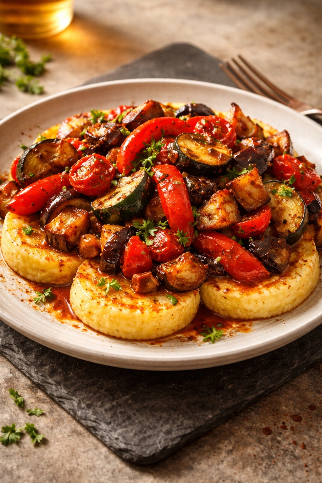 Smoky roasted vegetables with polenta slices