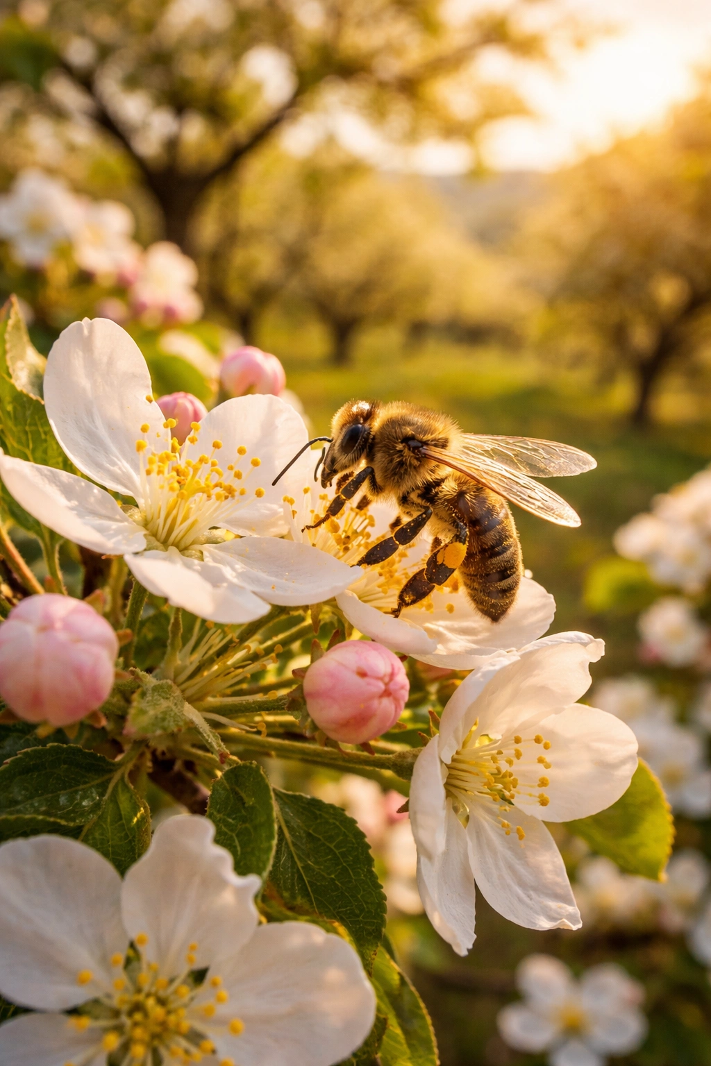 Close-up of a bee pollinating blossoms on a fruit tree in a sunlit garden