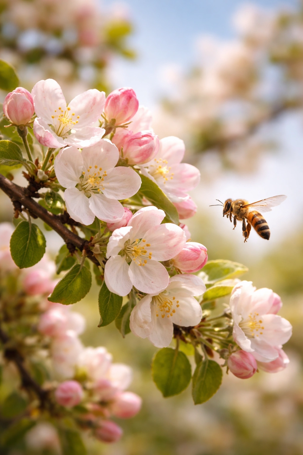 Blooming apple blossoms with a bee near them illustrating pollination