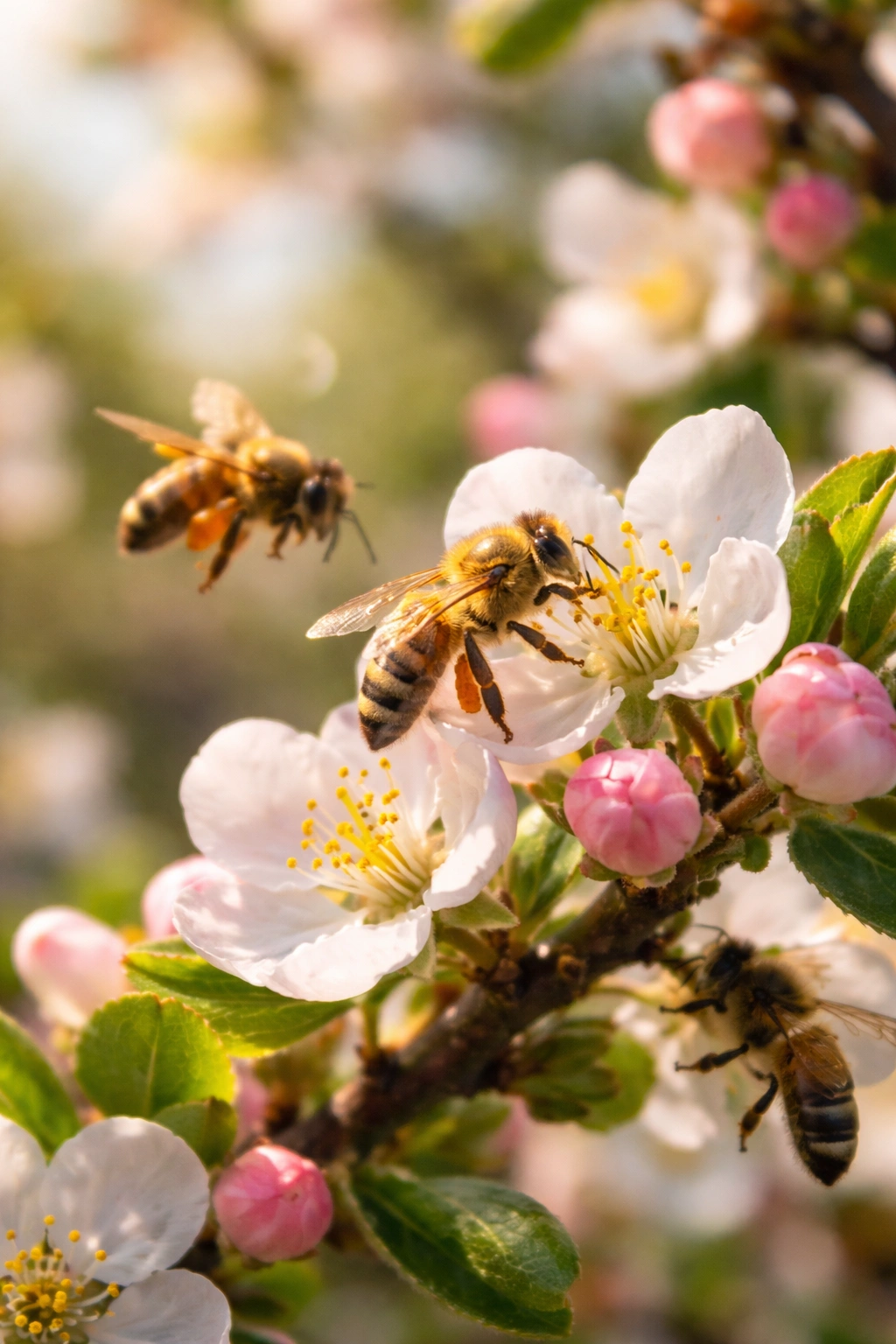 Bees on blossoms pollinating a fruit tree in spring