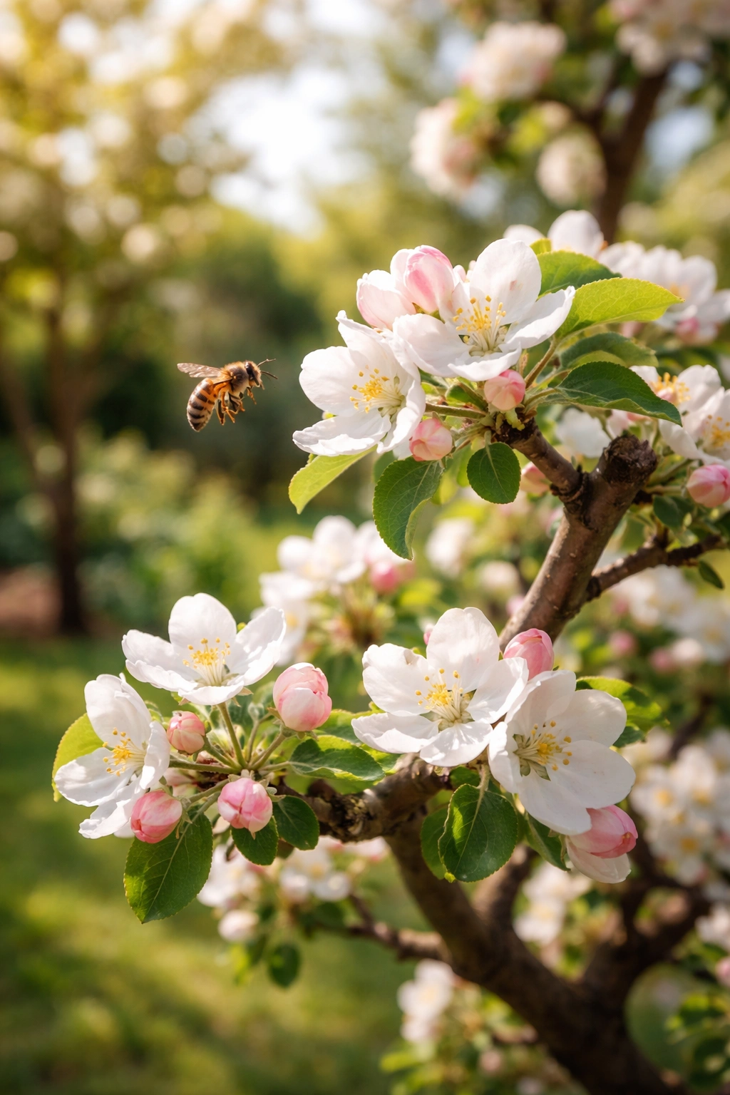 Tree blossoms with a bee pollinating in a sunny garden