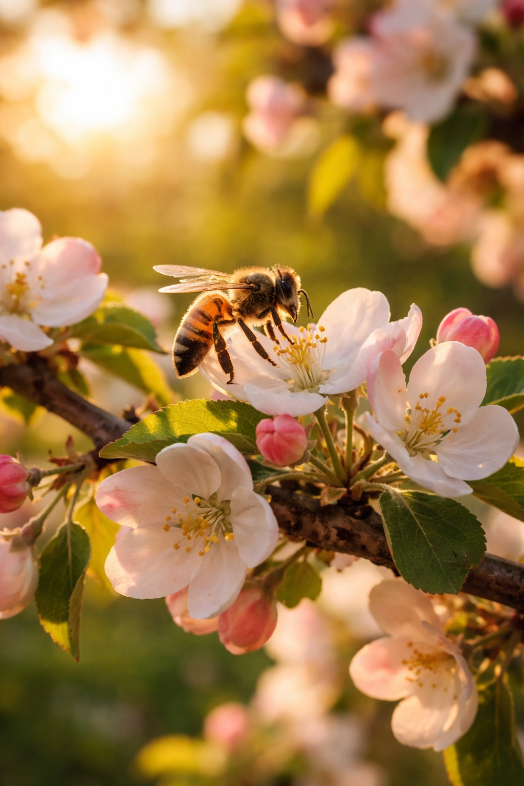 Bee on blossoms of a fruit tree