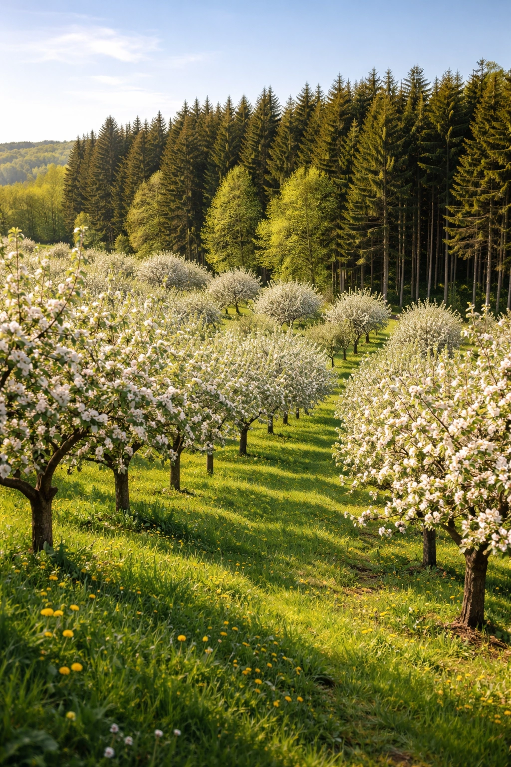 Apple orchard in bloom with windbreak illustrating weather-related pollination challenges and mitigation