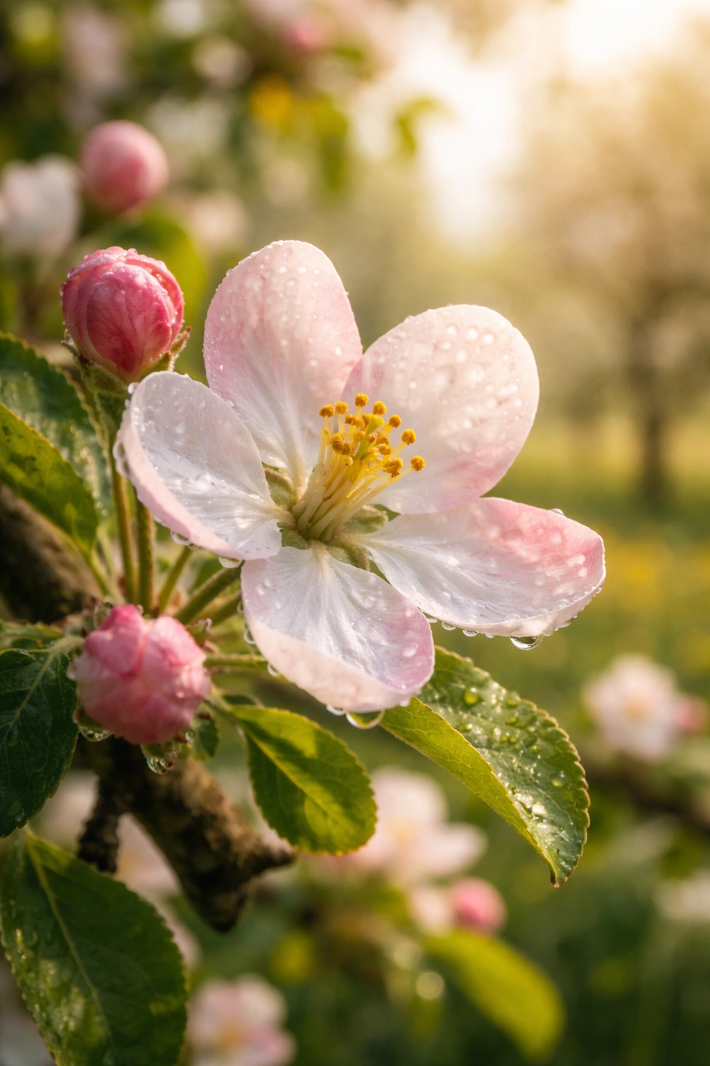 Macro apple blossom with visible pollen on stigma illustrating compatibility factors.
