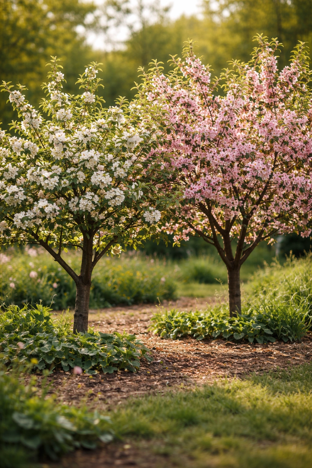 Two fruit trees in bloom with overlapping canopies illustrating cross-pollination