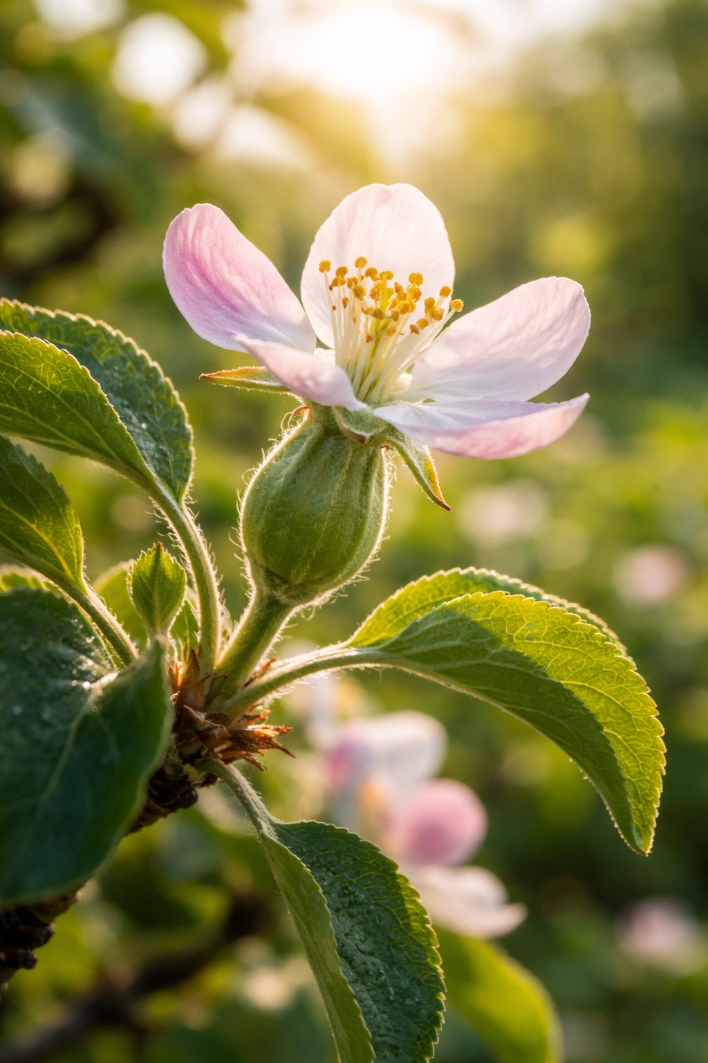 Close-up of a flower with developing fruit behind, signaling pollination success in a garden