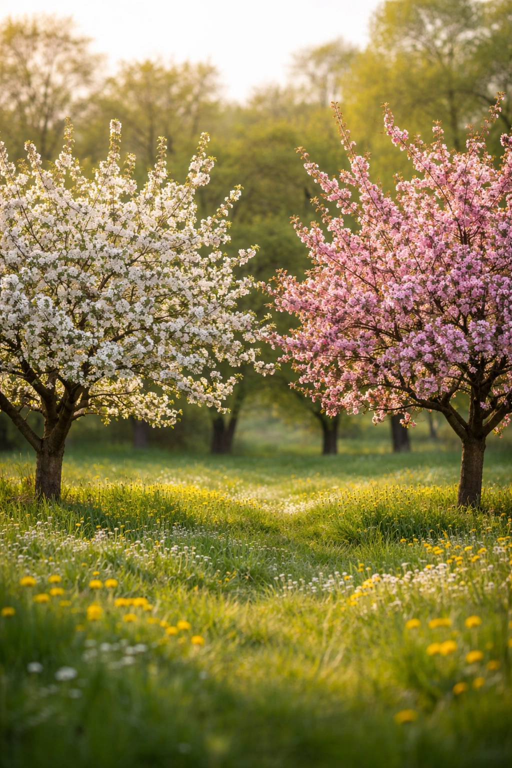 Adjacent apple trees with different blossoms in an orchard