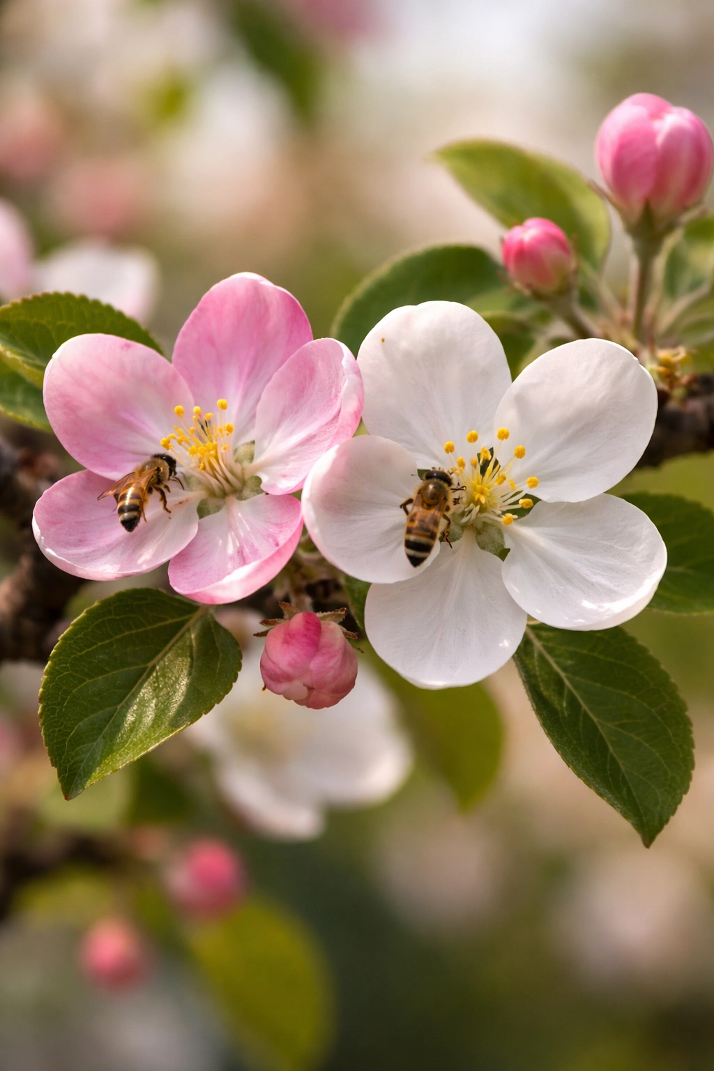Two apple blossoms representing pollination partner compatibility.