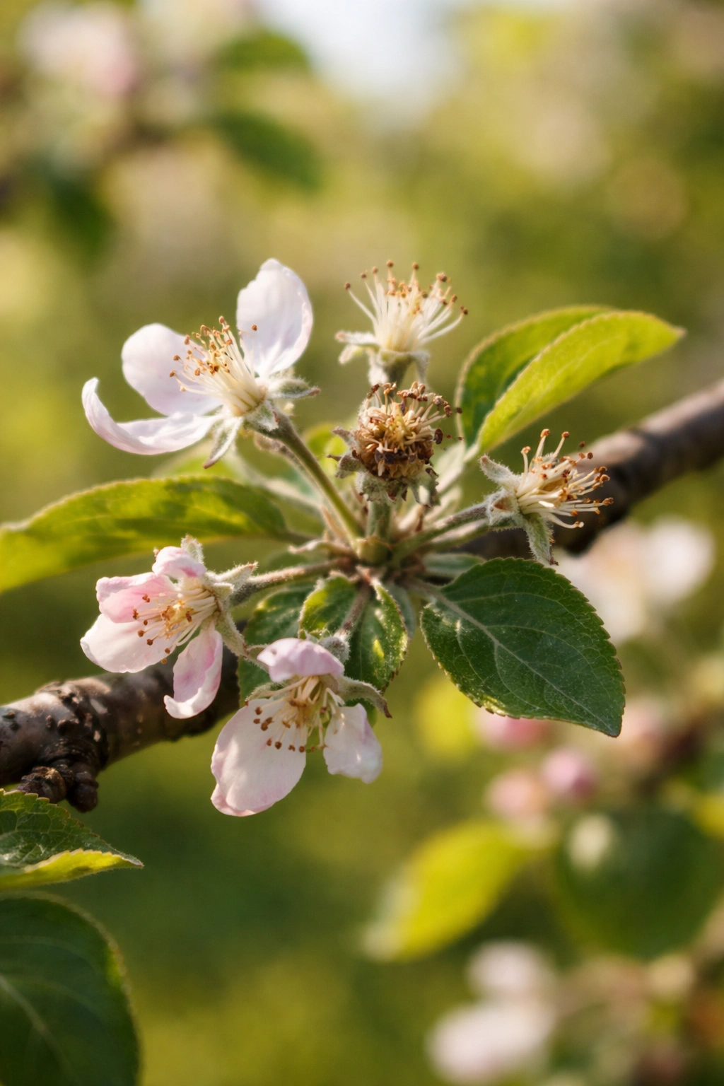 Close-up of apple blossom with underdeveloped fruit set indicating pollination problems
