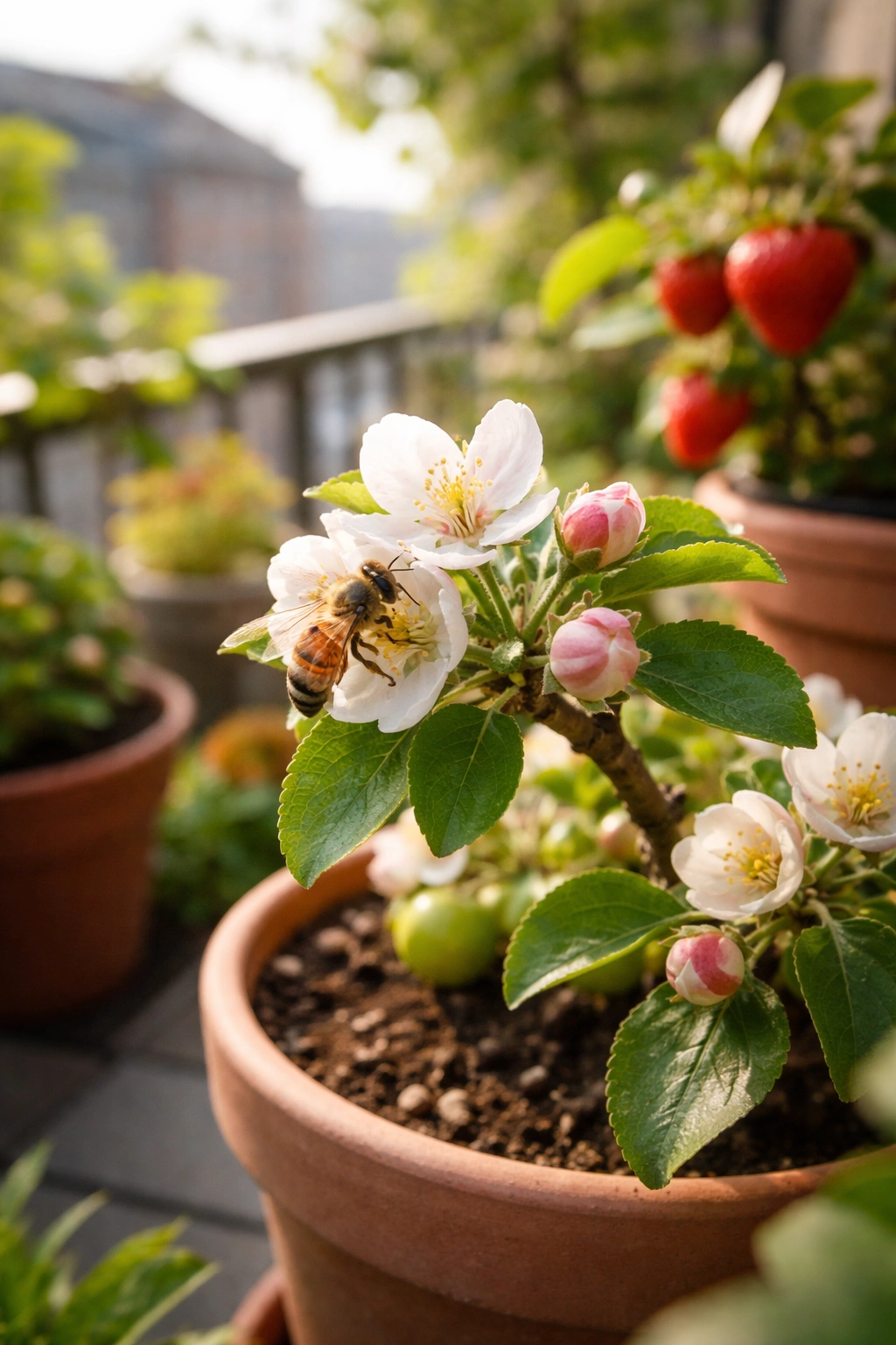 Close-up of a bee pollinating a fruit blossom on a small potted plant in bright morning light