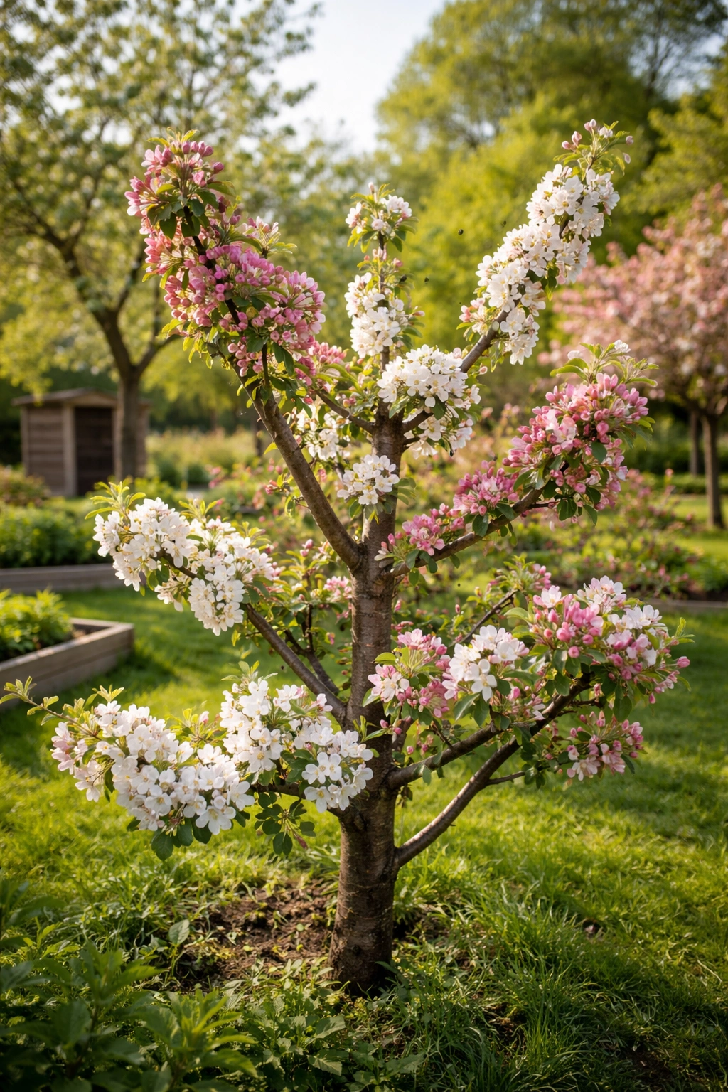 Backyard apple tree with multiple grafted varieties demonstrating pollination strategy