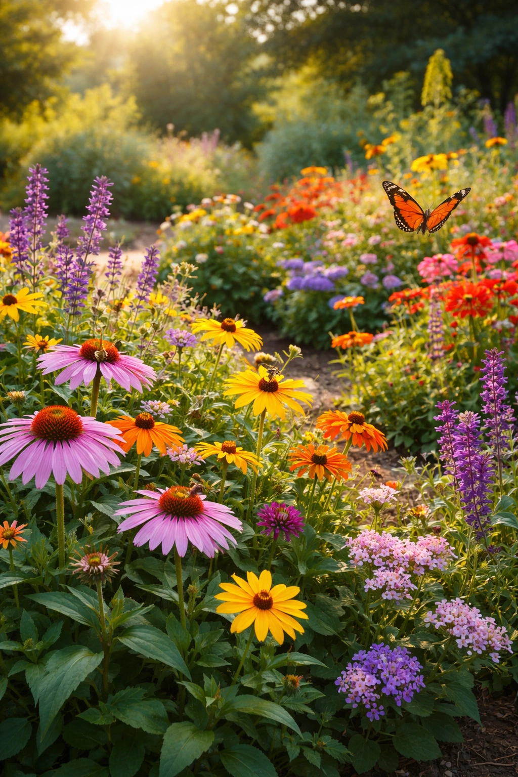 Bed of pollinator-friendly flowers with bees visiting blooms