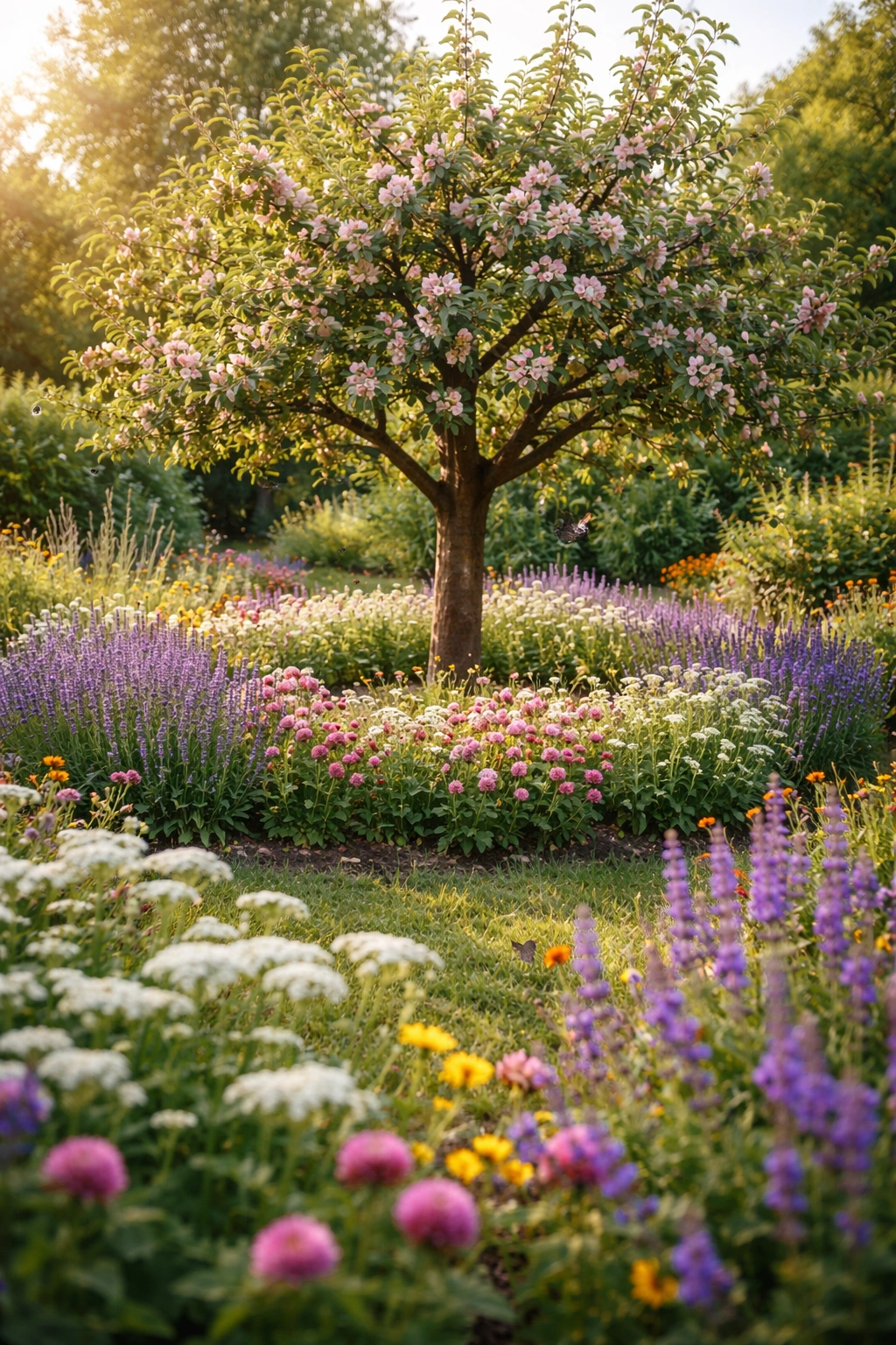 Apple tree in a garden with surrounding flowering plants to attract pollinators