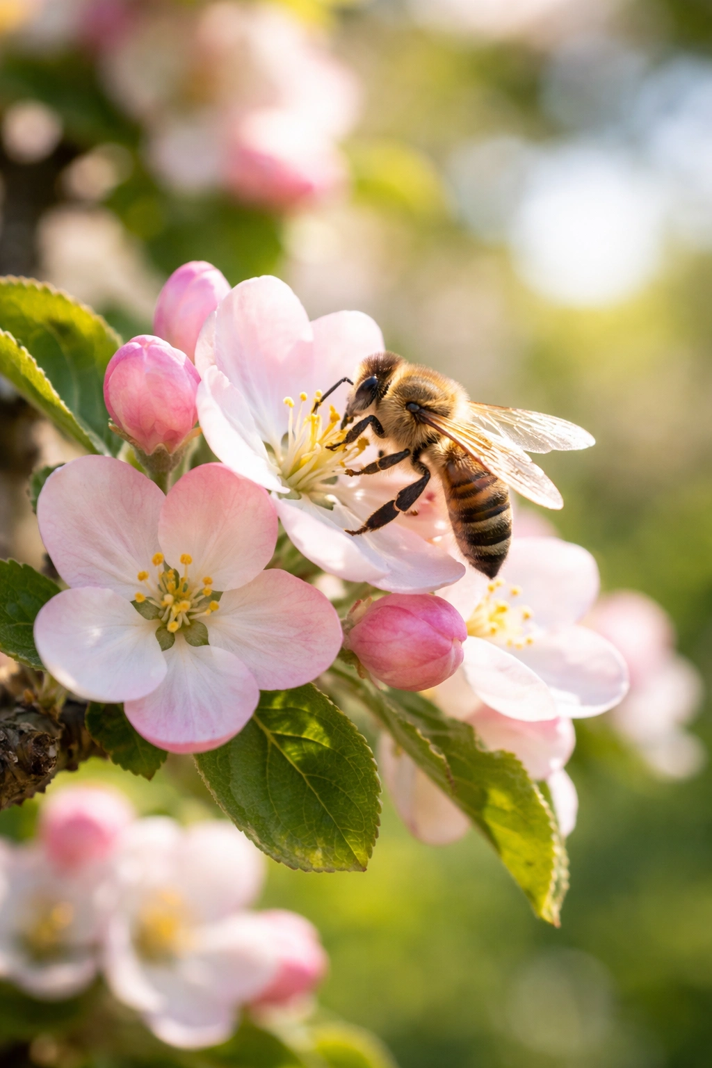 Honeybee on an apple blossom highlighting pollinator health