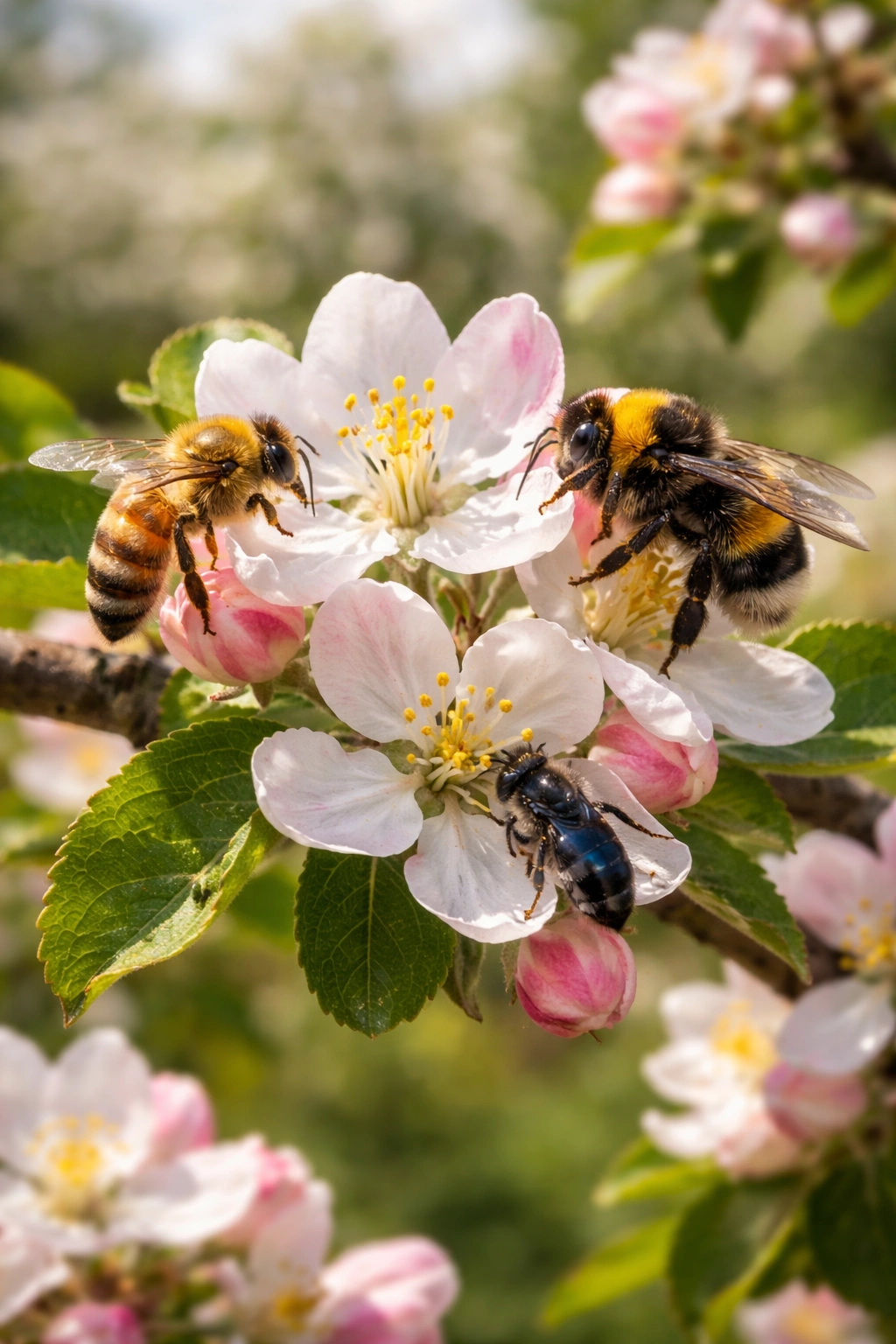Close-up of honeybees and bumblebees on apple blossoms in an orchard