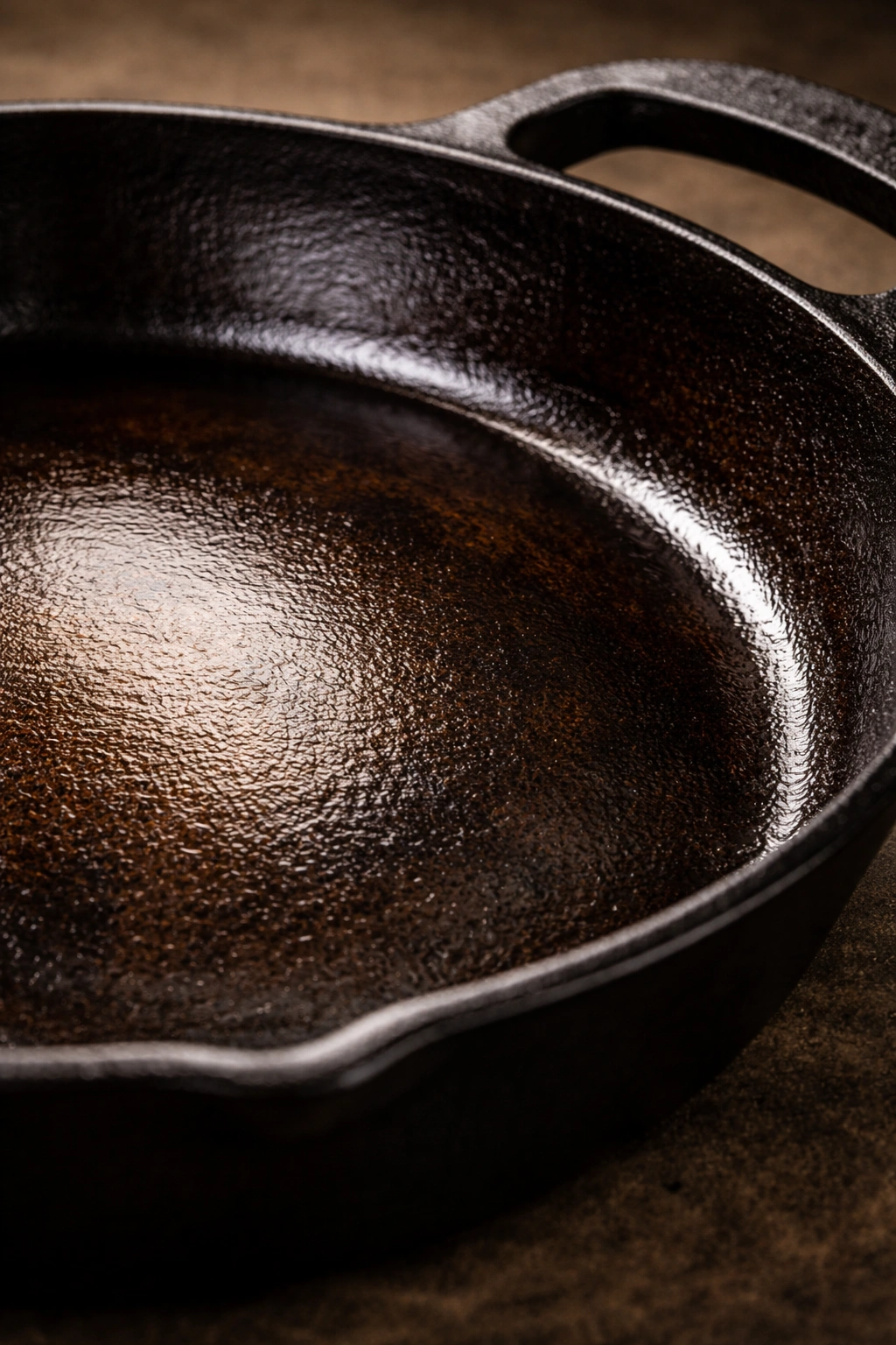 Close-up of polymerized patina on cast iron skillet