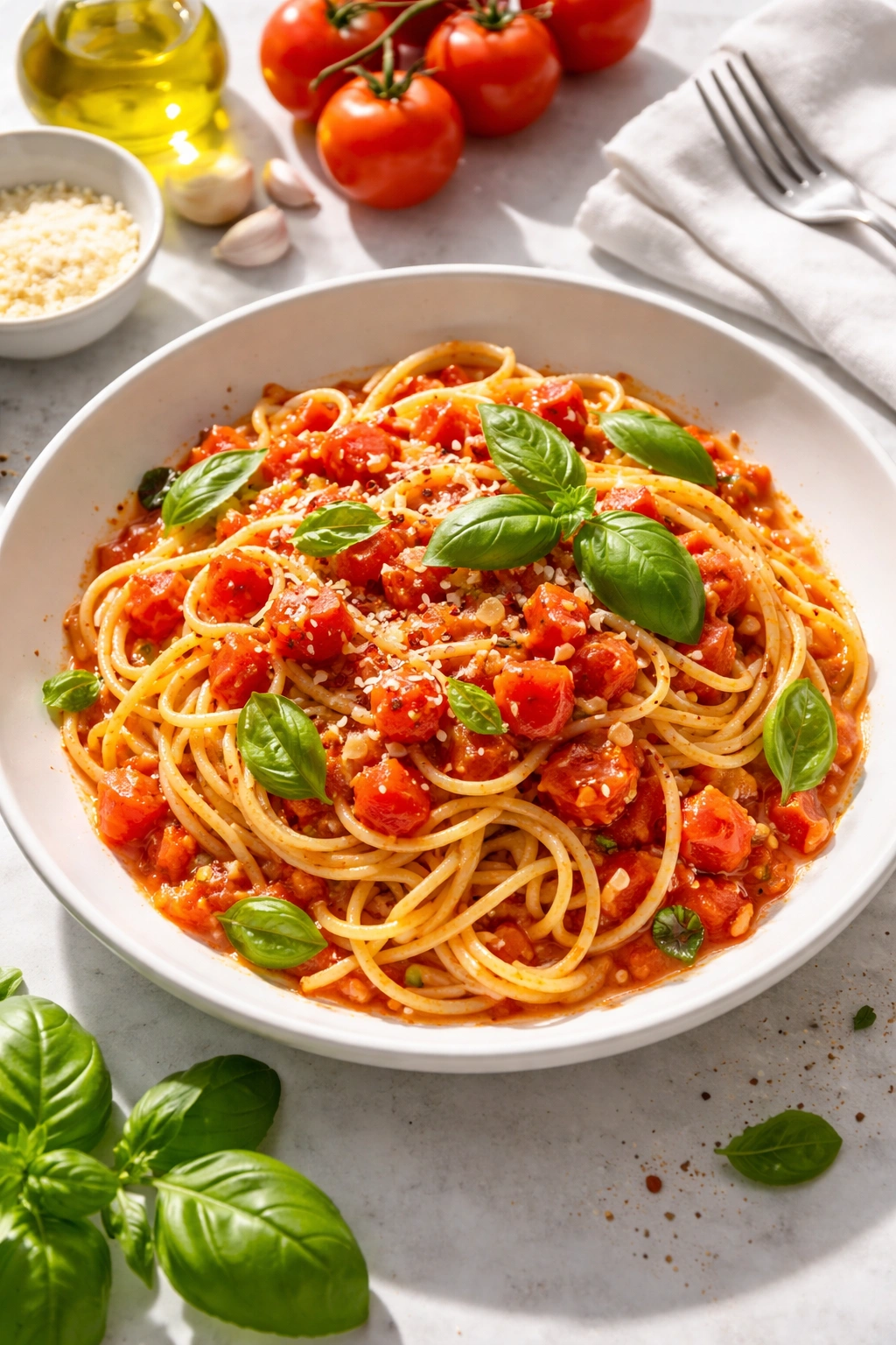 Pomodoro pasta with fresh tomatoes and basil in a white bowl