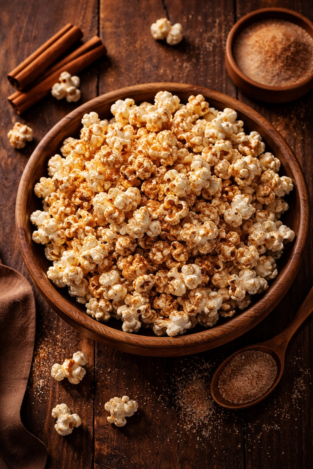Bowl of cinnamon sugar popcorn with warm lighting.