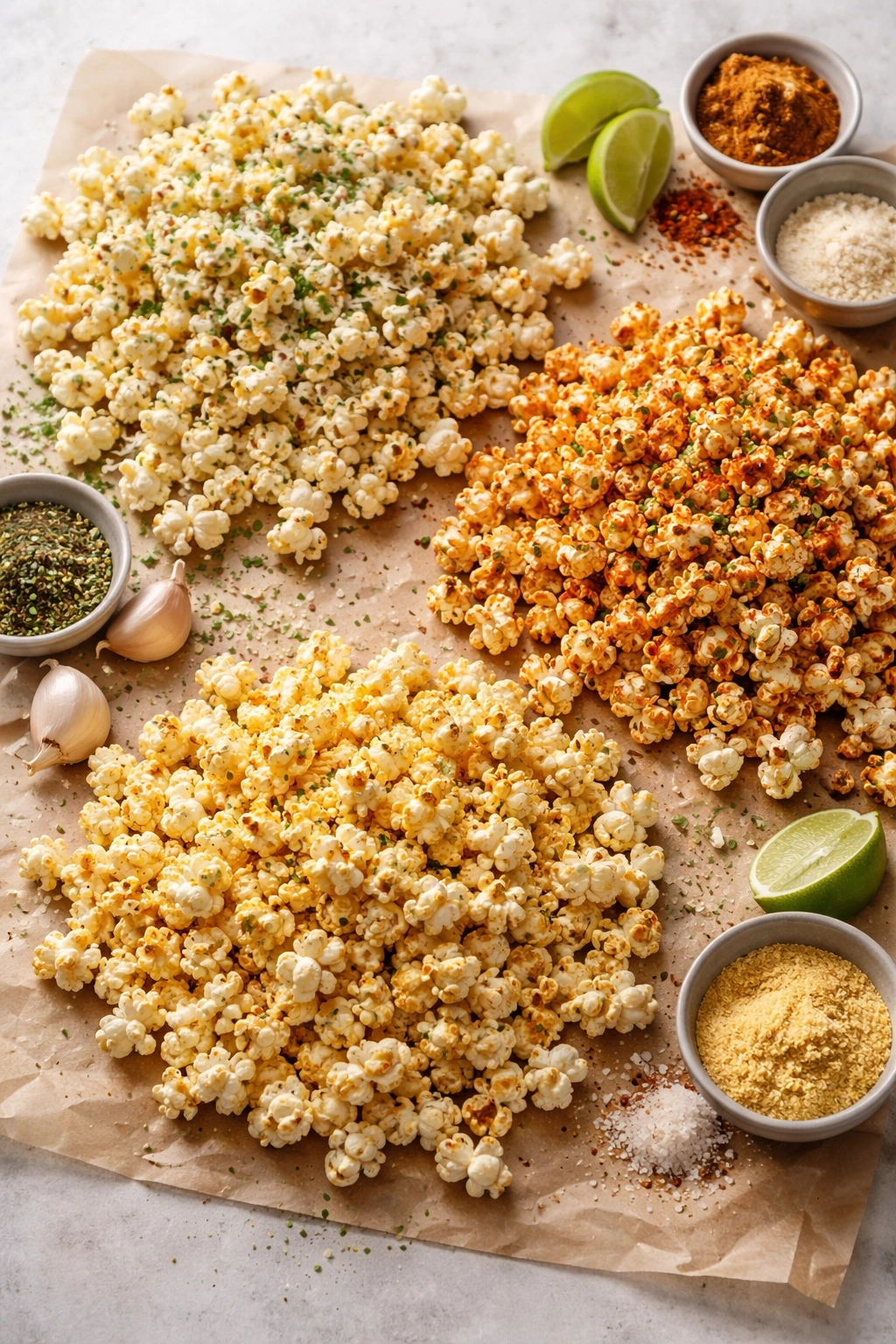 Three bowls of seasoned popcorn on parchment