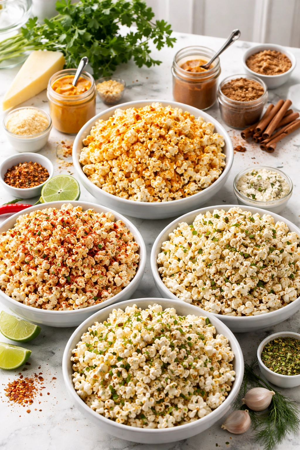 Bowl of seasoned popcorn with savory coating on kernels