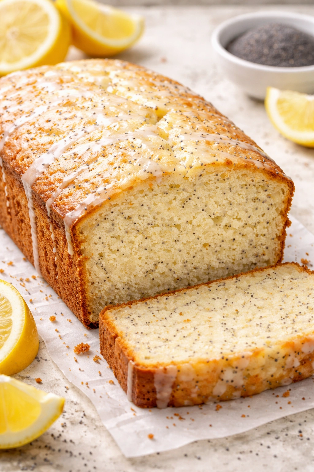 Lemon pound cake with poppy seeds texture on top