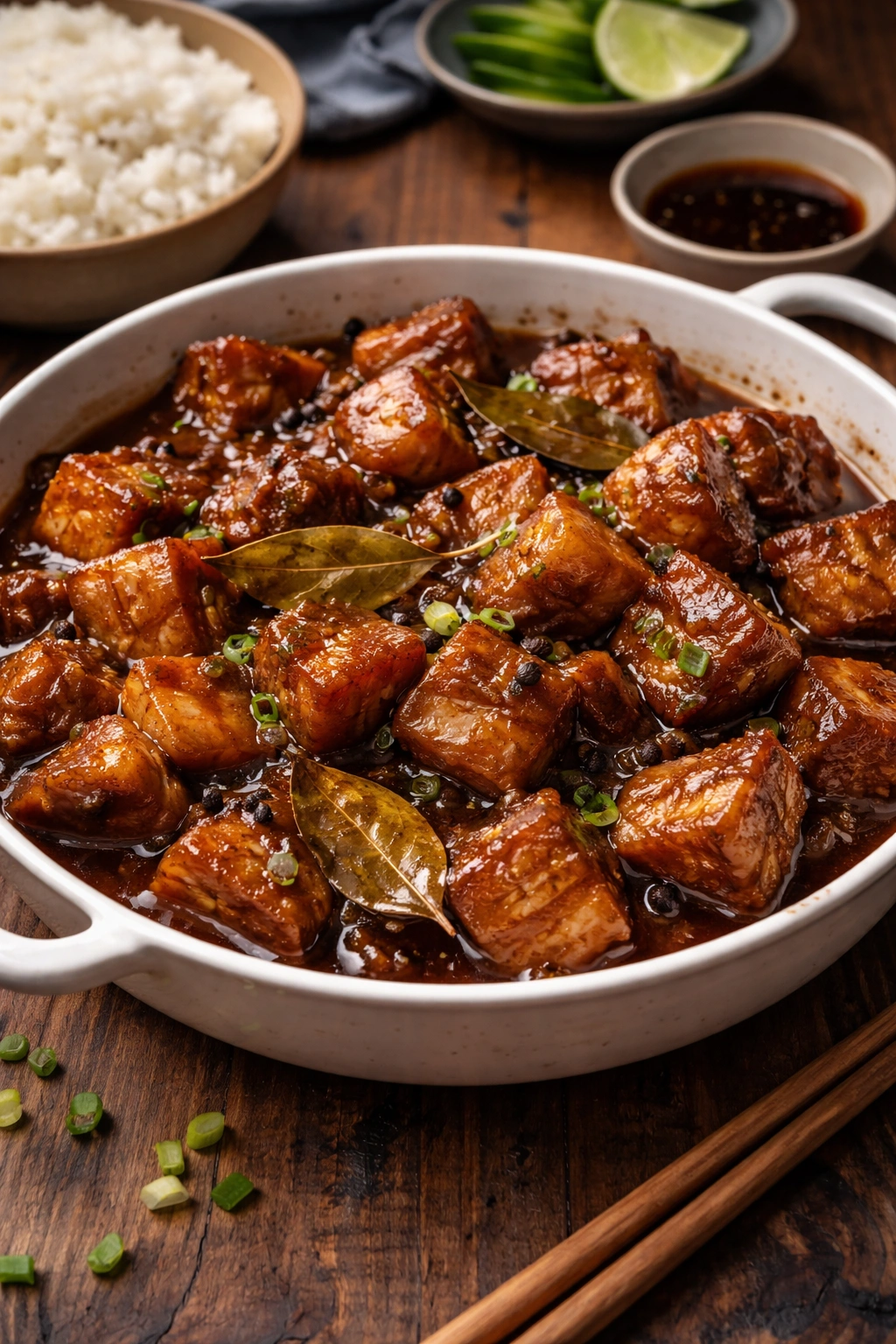 Pork belly adobo in glossy sauce with tender chunks