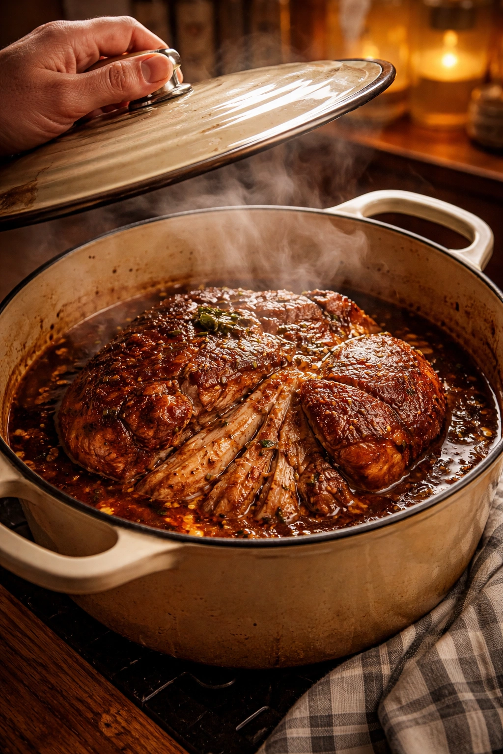Pork shoulder braising in a Dutch oven with steam